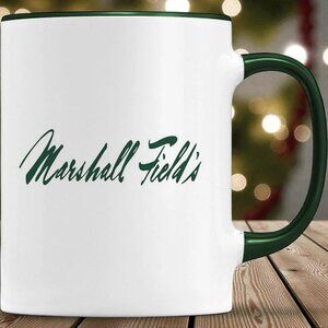 Marshall Field’s Green Script Ceramic Coffee Mug 11 oz White. New With Tags